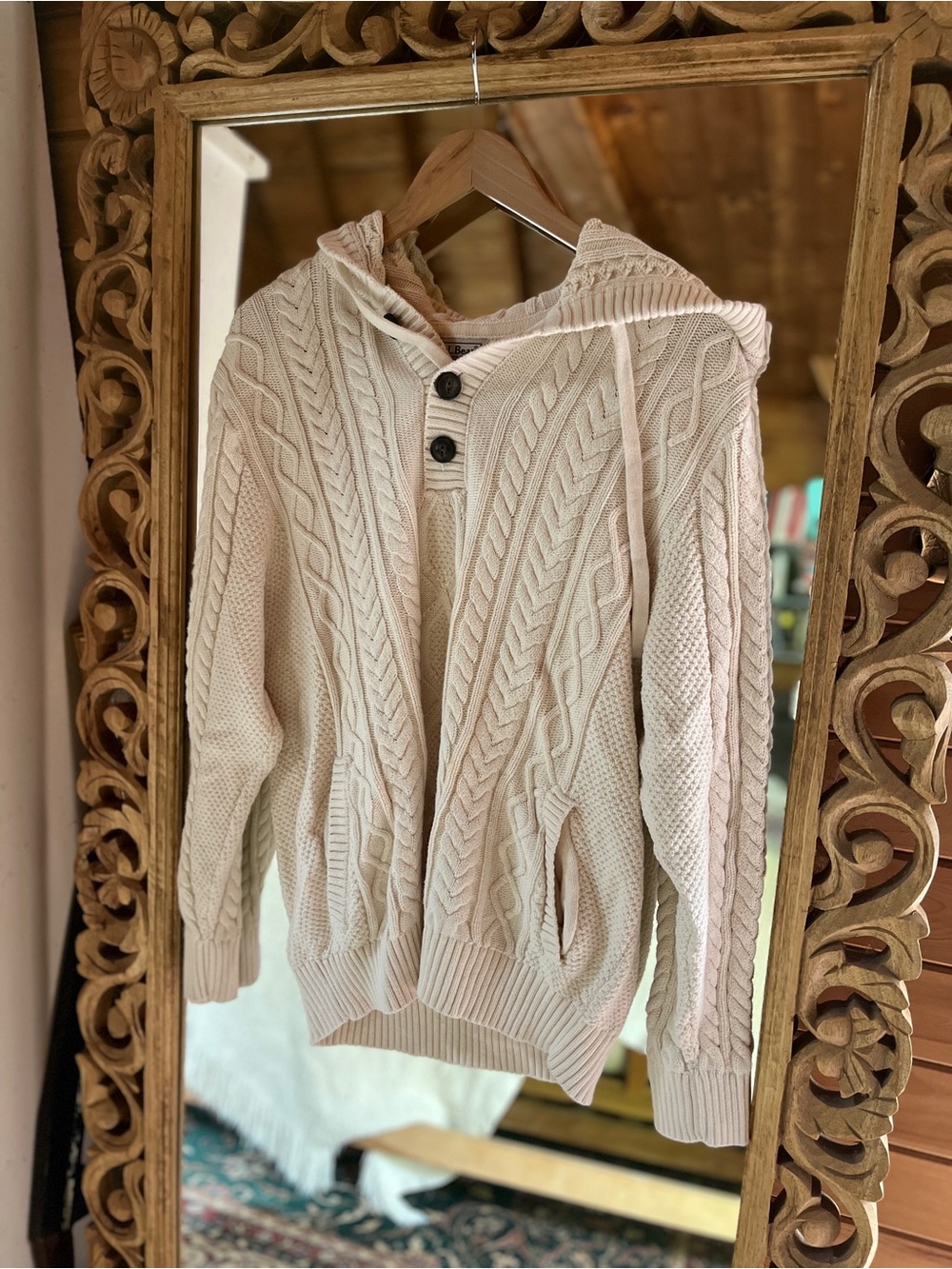 L.L. Bean Cream Cable Knit Hooded Sweater